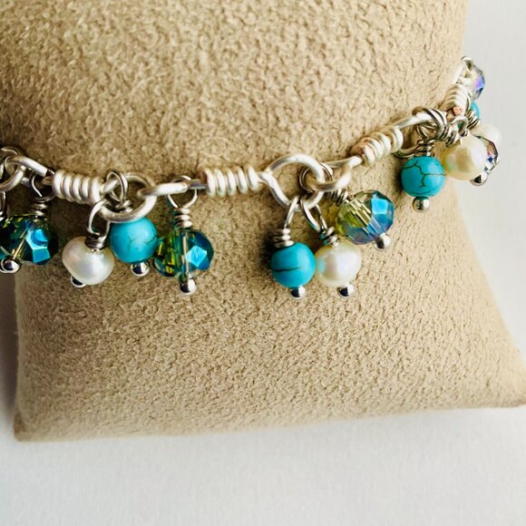 Cluster Bracelet with Turquoise, Pearls, and Crystals. Chain with Dangle Gem - Picture 4 of 16